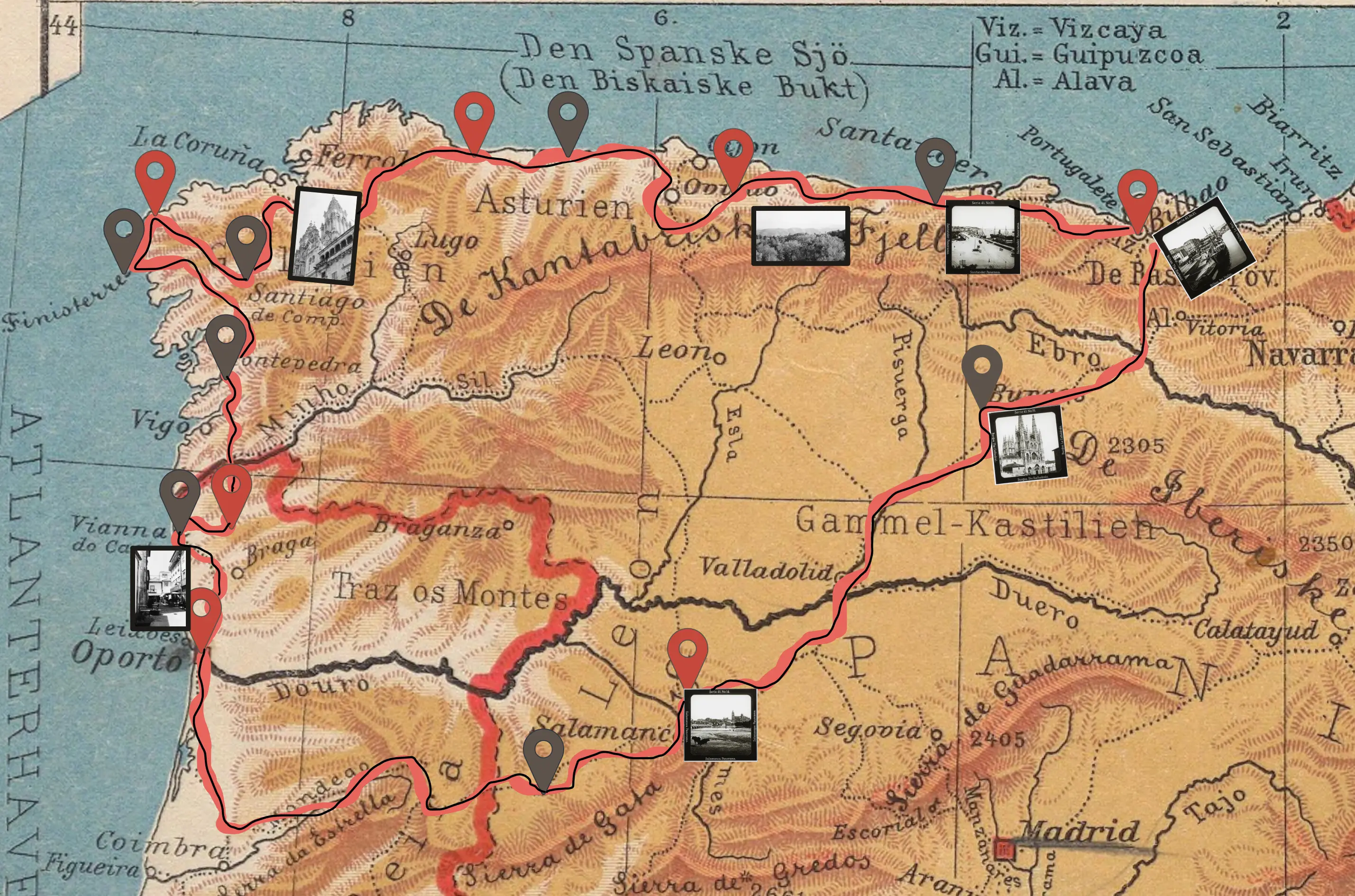 Map of the trip. Red pins show the places we slept and the brown ones where we had lunch