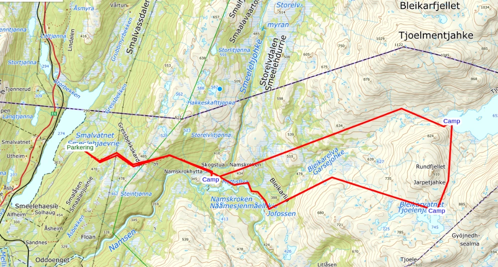 The hiking route - Screenshot taken from Norgeskart.no, licensed under CC BY 4.0