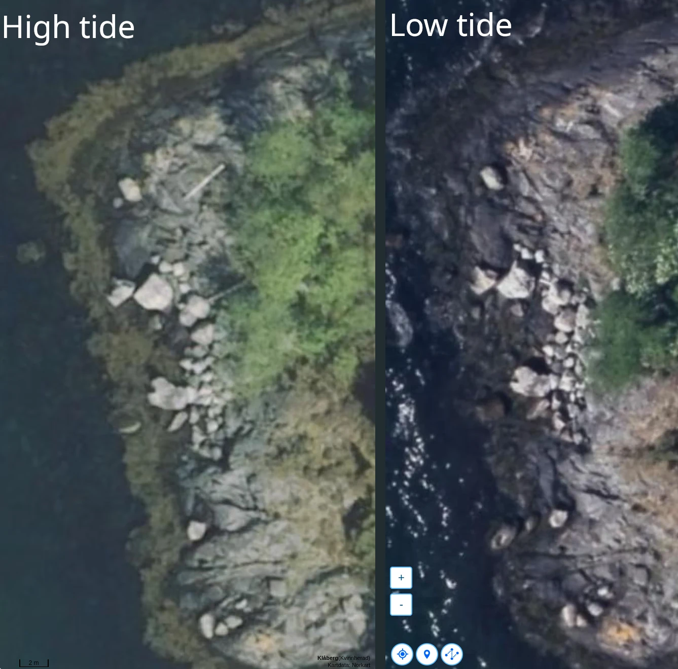 FINN kart / Norkart. Historical orthophoto: Etne Kvinnherad 2018 (left) and 2013 (right)